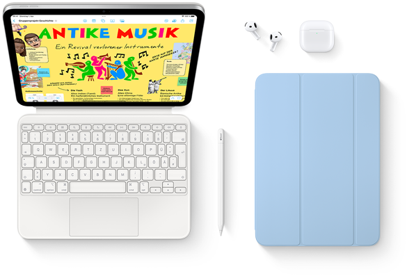 iPad, Magic Keyboard Folio, Apple Pencil, AirPods und Smart Folio sind abgebildet.