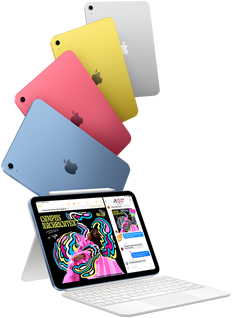 iPads in Blau, Pink, Gelb und Silber und ein iPad verbunden mit dem Magic Keyboard Folio mit Apple Pencil